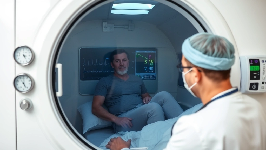 Medical professional monitoring patient vital signs during hyperbaric oxygen therapy session through chamber window, displaying oxygen pressure gauges and treatment monitoring equipment, clinical setting