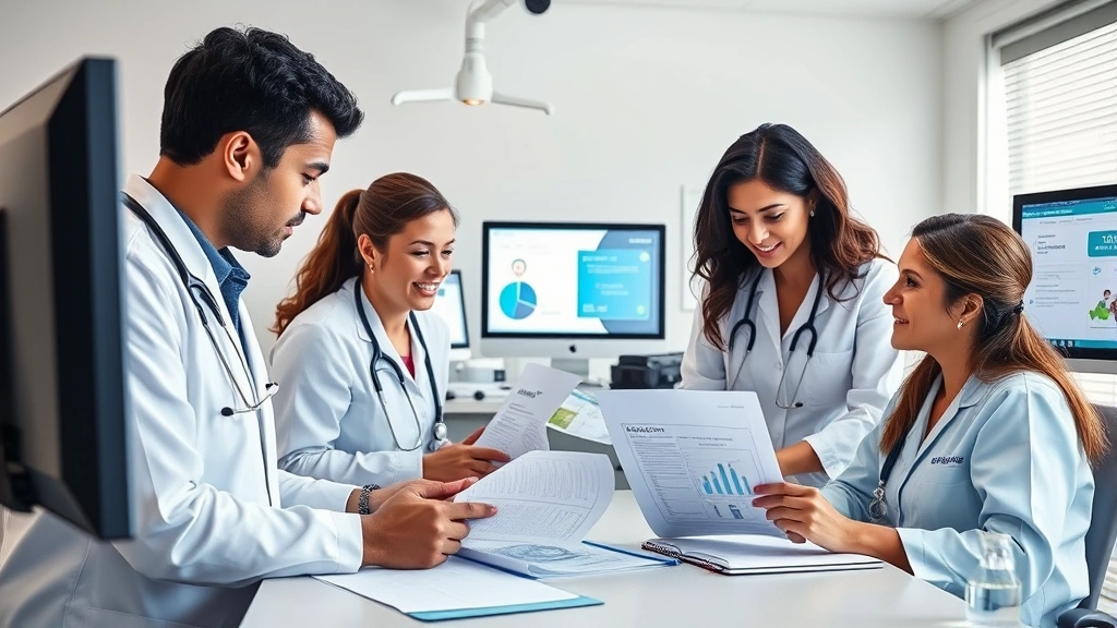 Photorealistic image of a diverse healthcare team reviewing patient charts and HBOT treatment progress, clinical office setting with modern medical equipment and monitors, collaborative care documentation visible on desk, professional medical environment