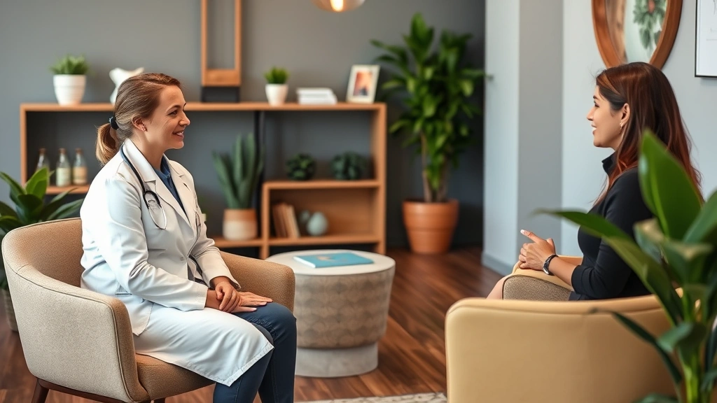 Clinical therapist and patient in modern wellness center during conversation, comfortable seating, mindful setting representing integrated mental health care, diverse representation, warm professional atmosphere