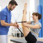 Professional physical therapist working with patient on leg strengthening exercises using resistance band in modern clinic setting with equipment visible in background