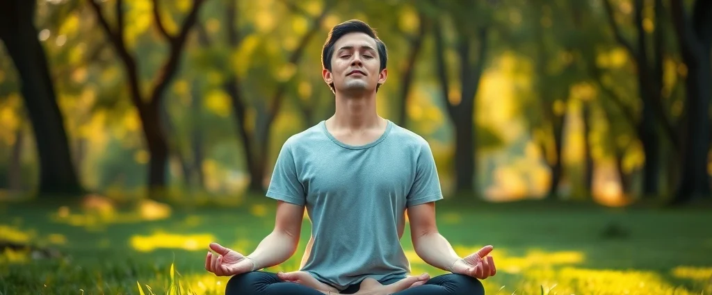 Person meditating peacefully in a serene natural setting with soft morning light filtering through trees, eyes closed, sitting in lotus position on grass, completely relaxed expression, photorealistic