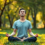 Person meditating peacefully in a serene natural setting with soft morning light filtering through trees, eyes closed, sitting in lotus position on grass, completely relaxed expression, photorealistic