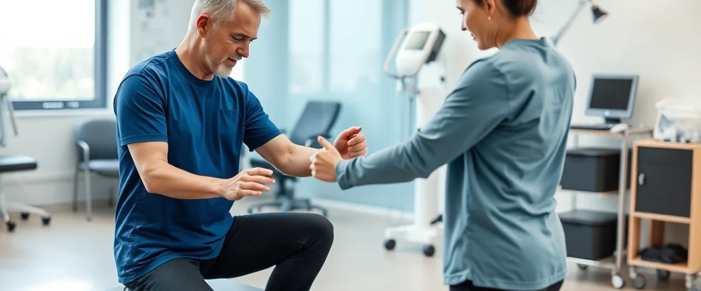 Physical therapist working with patient on rehabilitation exercises in modern clinic setting, patient performing stretching movements, professional healthcare environment with equipment visible