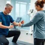 Physical therapist working with patient on rehabilitation exercises in modern clinic setting, patient performing stretching movements, professional healthcare environment with equipment visible