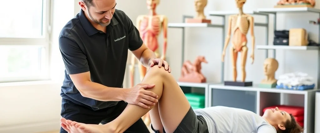 Physical therapist performing manual therapy on patient's knee in bright clinical setting with anatomical models visible in background