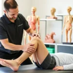 Physical therapist performing manual therapy on patient's knee in bright clinical setting with anatomical models visible in background