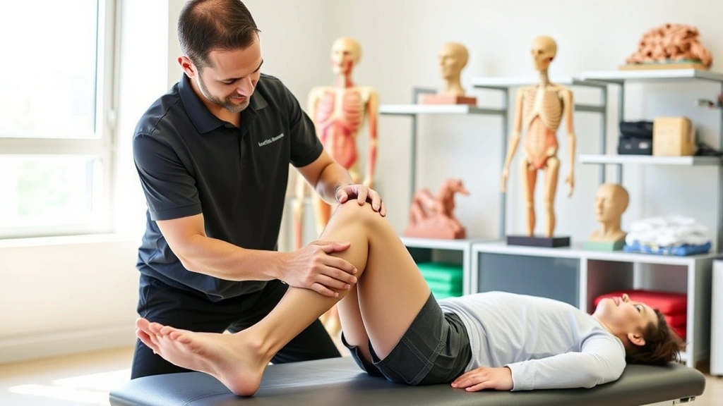 Physical therapist performing manual therapy on patient's knee in bright clinical setting with anatomical models visible in background