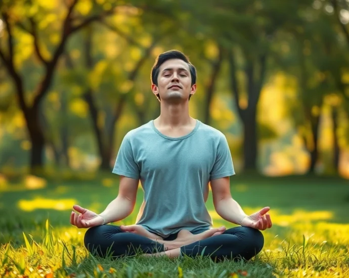 Person meditating peacefully in a serene natural setting with soft morning light filtering through trees, eyes closed, sitting in lotus position on grass, completely relaxed expression, photorealistic