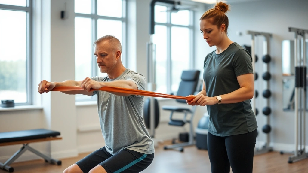 Patient performing progressive resistance exercises with bands under therapist supervision in modern rehabilitation facility