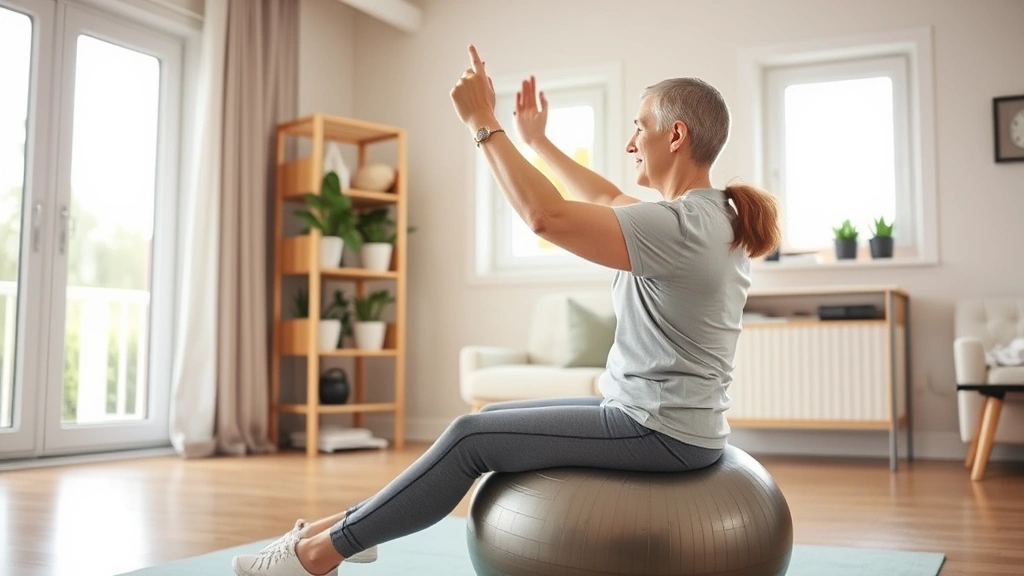 Patient performing home physical therapy exercise with proper form, sitting on exercise ball in bright home setting with windows showing recovery progress
