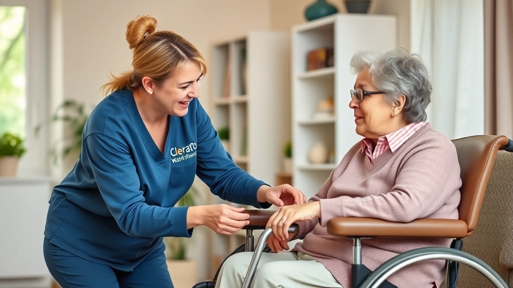 Occupational therapist assisting elderly patient with daily living activities in home environment, helping with functional tasks, realistic home setting with adaptive equipment visible