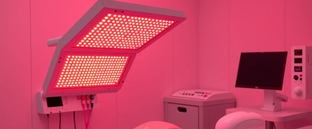Professional red light therapy LED panel device emitting warm crimson light in modern clinical treatment room with stainless steel equipment and minimalist aesthetic, photorealistic