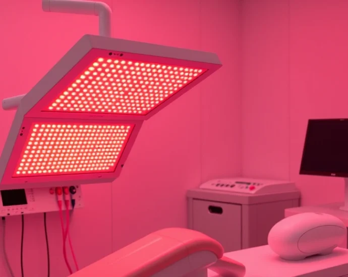 Professional red light therapy LED panel device emitting warm crimson light in modern clinical treatment room with stainless steel equipment and minimalist aesthetic, photorealistic