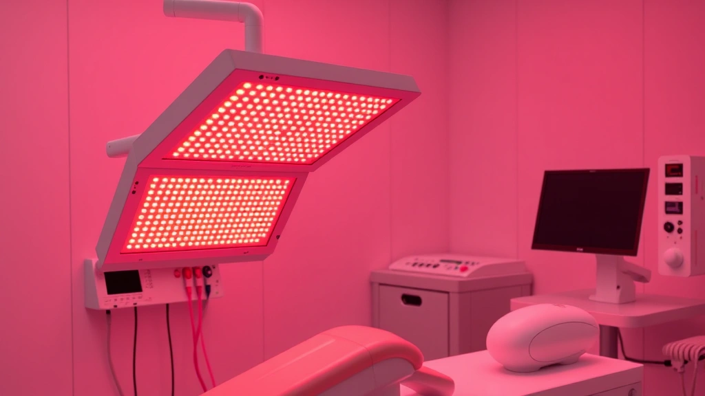 Professional red light therapy LED panel device emitting warm crimson light in modern clinical treatment room with stainless steel equipment and minimalist aesthetic, photorealistic