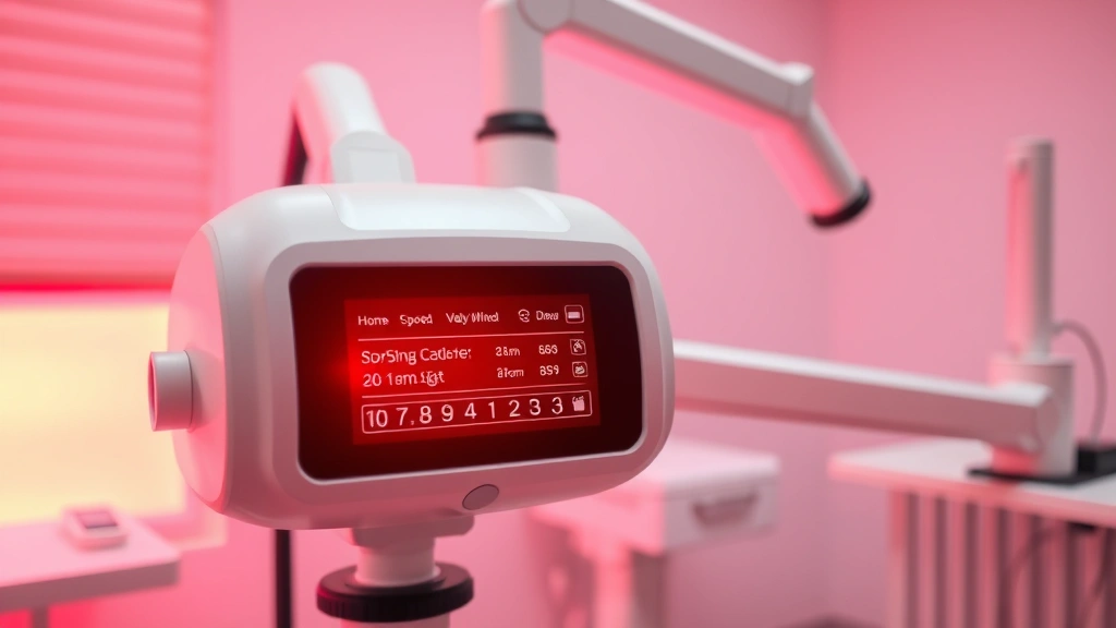 Advanced red light therapy device with multiple wavelength settings displayed on digital interface panel, mounted on articulated arm in contemporary dermatology clinic