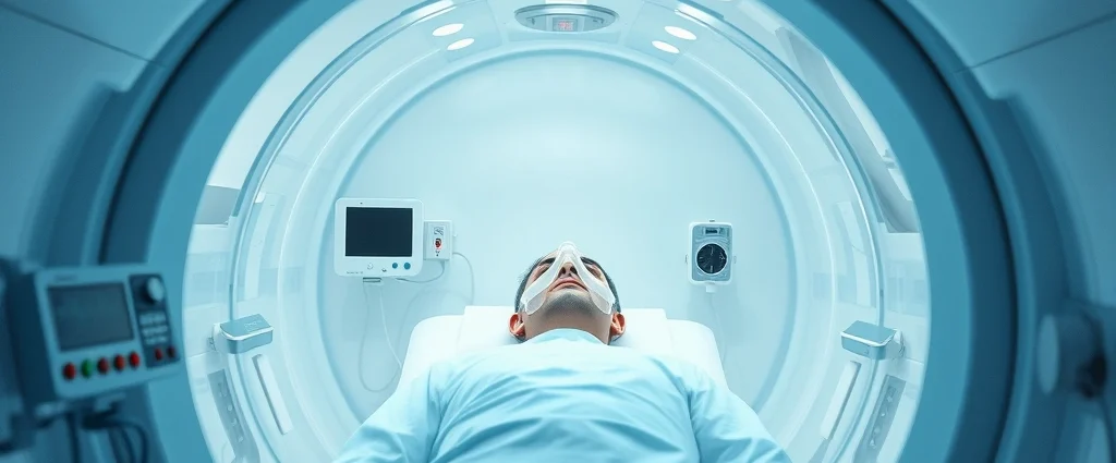Modern hyperbaric oxygen chamber interior with transparent acrylic design, patient lying inside breathing through oxygen mask, clinical medical setting with monitoring equipment visible, soft blue-white lighting, photorealistic clinical environment