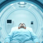 Modern hyperbaric oxygen chamber interior with transparent acrylic design, patient lying inside breathing through oxygen mask, clinical medical setting with monitoring equipment visible, soft blue-white lighting, photorealistic clinical environment