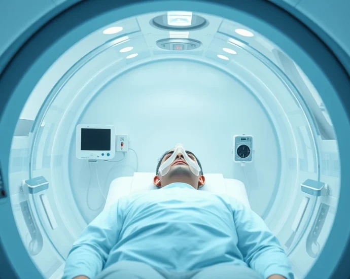 Modern hyperbaric oxygen chamber interior with transparent acrylic design, patient lying inside breathing through oxygen mask, clinical medical setting with monitoring equipment visible, soft blue-white lighting, photorealistic clinical environment