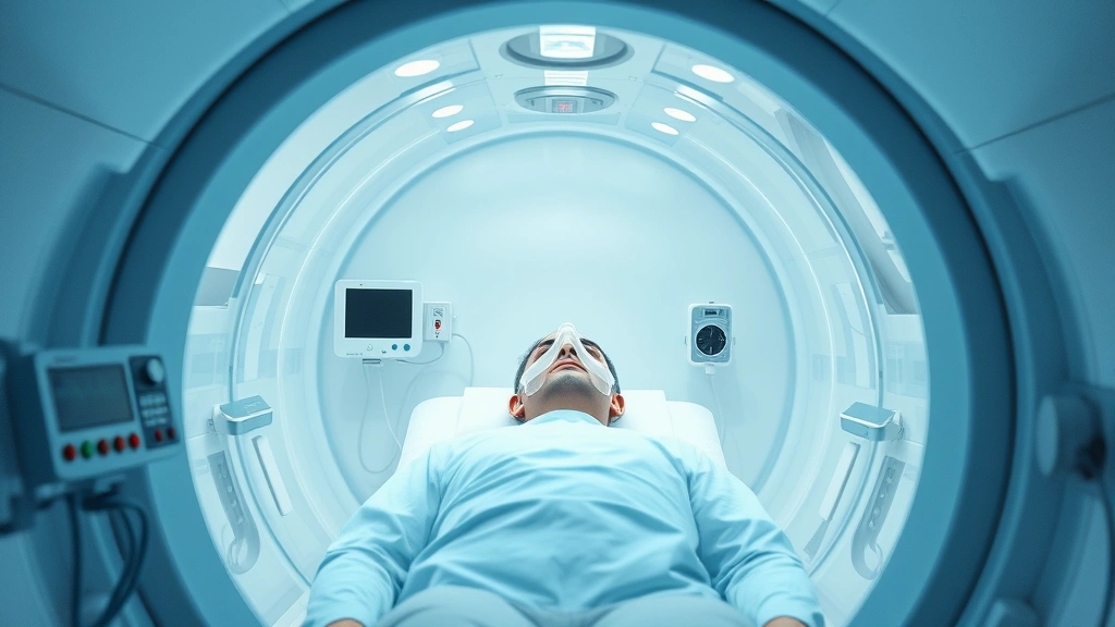 Modern hyperbaric oxygen chamber interior with transparent acrylic design, patient lying inside breathing through oxygen mask, clinical medical setting with monitoring equipment visible, soft blue-white lighting, photorealistic clinical environment