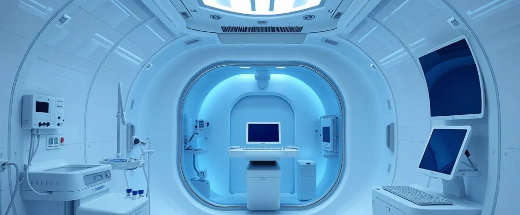 Modern hyperbaric oxygen chamber interior with sleek white medical equipment, transparent acrylic chamber design, professional medical facility setting, soft blue lighting, no people visible, photorealistic clinical environment