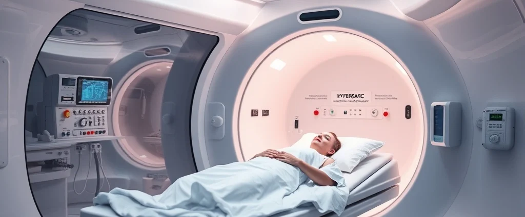 Hyperbaric oxygen chamber interior, patient lying on comfortable medical bed, transparent acrylic chamber walls showing control panel, bright clinical lighting, modern medical facility setting, photorealistic