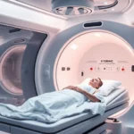 Hyperbaric oxygen chamber interior, patient lying on comfortable medical bed, transparent acrylic chamber walls showing control panel, bright clinical lighting, modern medical facility setting, photorealistic