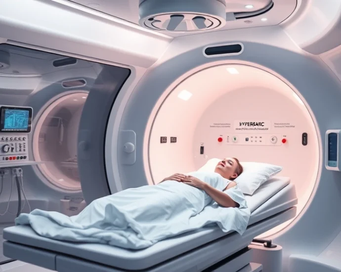 Hyperbaric oxygen chamber interior, patient lying on comfortable medical bed, transparent acrylic chamber walls showing control panel, bright clinical lighting, modern medical facility setting, photorealistic