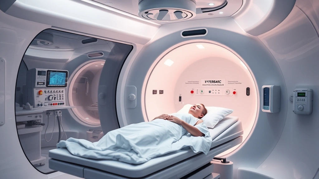 Hyperbaric oxygen chamber interior, patient lying on comfortable medical bed, transparent acrylic chamber walls showing control panel, bright clinical lighting, modern medical facility setting, photorealistic