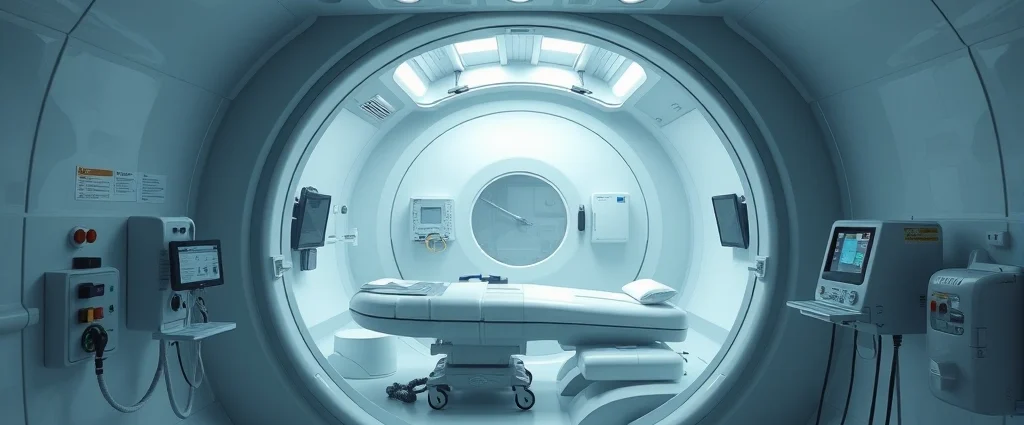 Hyperbaric oxygen therapy chamber interior with pressurized vessel design, medical equipment visible, clinical setting, photorealistic, no text or labels