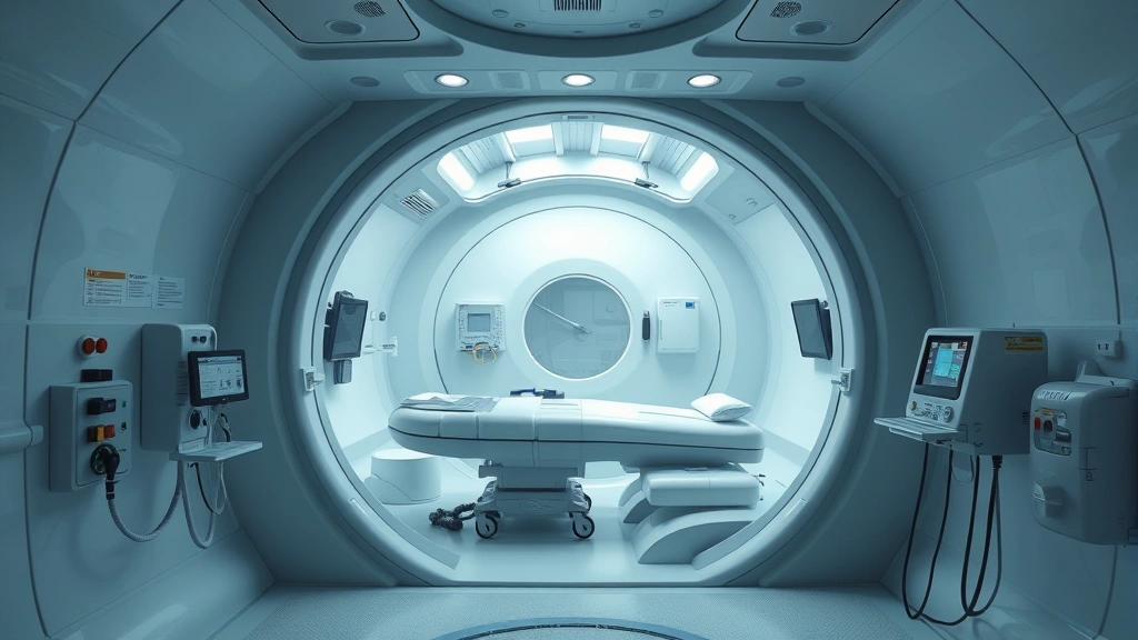 Hyperbaric oxygen therapy chamber interior with pressurized vessel design, medical equipment visible, clinical setting, photorealistic, no text or labels