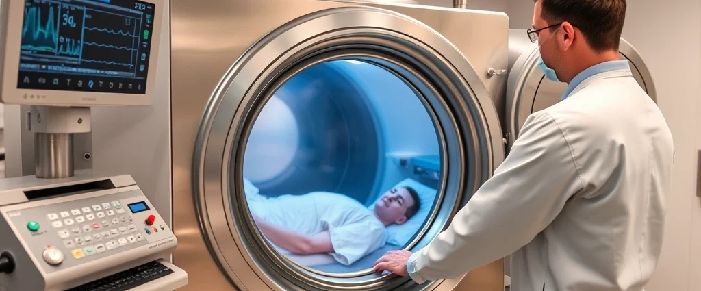 Medical professional adjusting hyperbaric oxygen chamber controls, modern clinical setting with stainless steel equipment, patient visible through chamber window, clinical monitors displaying vital signs, professional atmosphere