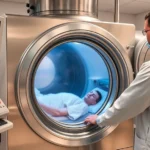 Medical professional adjusting hyperbaric oxygen chamber controls, modern clinical setting with stainless steel equipment, patient visible through chamber window, clinical monitors displaying vital signs, professional atmosphere