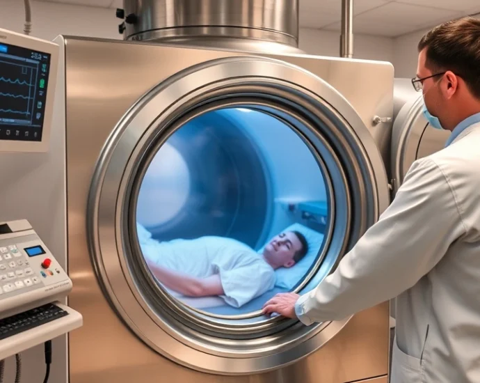 Medical professional adjusting hyperbaric oxygen chamber controls, modern clinical setting with stainless steel equipment, patient visible through chamber window, clinical monitors displaying vital signs, professional atmosphere