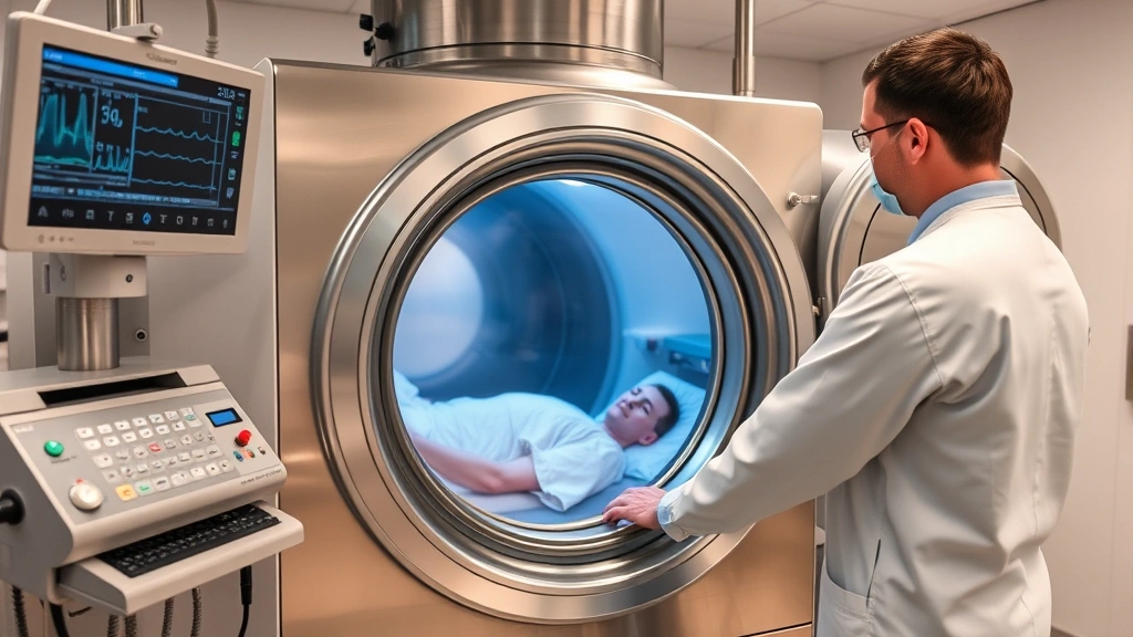 Medical professional adjusting hyperbaric oxygen chamber controls, modern clinical setting with stainless steel equipment, patient visible through chamber window, clinical monitors displaying vital signs, professional atmosphere