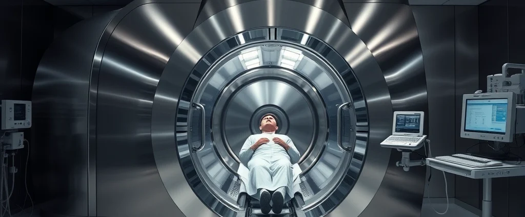 Professional medical hyperbaric chamber facility with sleek stainless steel design, patient entering pressurized oxygen chamber, modern hospital setting with clinical equipment, soft lighting, no visible text or screens