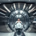 Professional medical hyperbaric chamber facility with sleek stainless steel design, patient entering pressurized oxygen chamber, modern hospital setting with clinical equipment, soft lighting, no visible text or screens