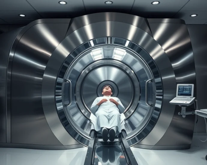 Professional medical hyperbaric chamber facility with sleek stainless steel design, patient entering pressurized oxygen chamber, modern hospital setting with clinical equipment, soft lighting, no visible text or screens