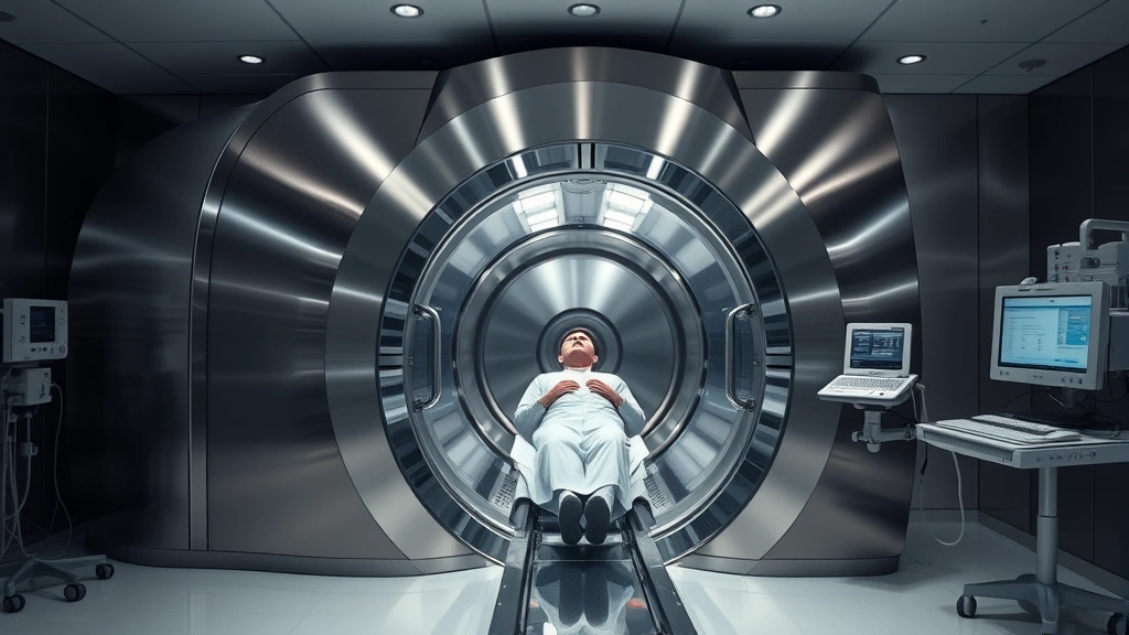 Professional medical hyperbaric chamber facility with sleek stainless steel design, patient entering pressurized oxygen chamber, modern hospital setting with clinical equipment, soft lighting, no visible text or screens