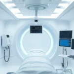 Professional hyperbaric chamber interior with medical monitoring equipment, bright clinical lighting, modern white chamber design, healthcare setting, no text visible, photorealistic