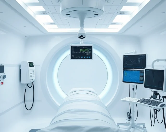 Professional hyperbaric chamber interior with medical monitoring equipment, bright clinical lighting, modern white chamber design, healthcare setting, no text visible, photorealistic