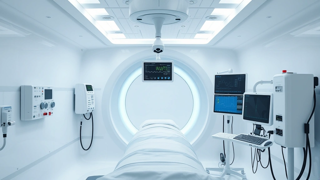 Professional hyperbaric chamber interior with medical monitoring equipment, bright clinical lighting, modern white chamber design, healthcare setting, no text visible, photorealistic