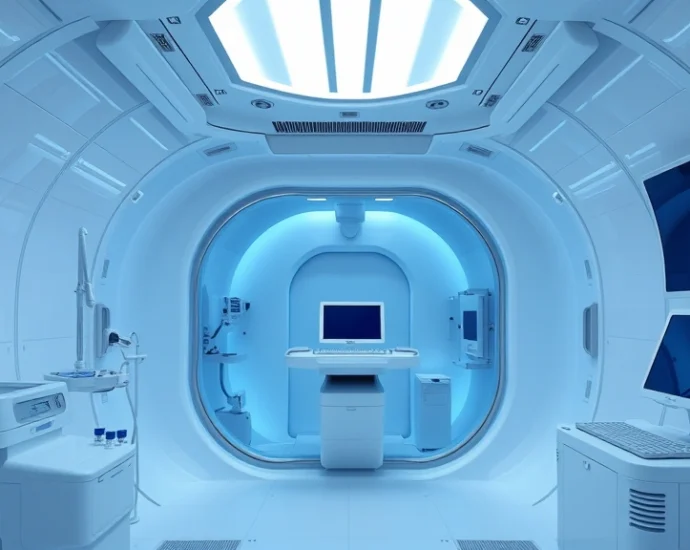 Modern hyperbaric oxygen chamber interior with sleek white medical equipment, transparent acrylic chamber design, professional medical facility setting, soft blue lighting, no people visible, photorealistic clinical environment