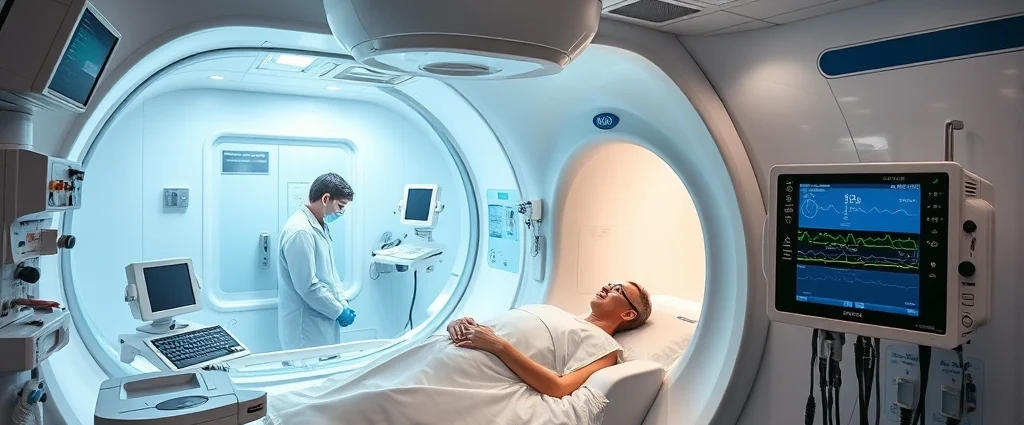 Pressurized hyperbaric chamber interior with medical monitoring equipment, modern clinical setting, oxygen therapy equipment visible, healthcare professional monitoring patient through chamber window, realistic medical facility photography
