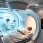 Pressurized hyperbaric chamber interior with medical monitoring equipment, modern clinical setting, oxygen therapy equipment visible, healthcare professional monitoring patient through chamber window, realistic medical facility photography
