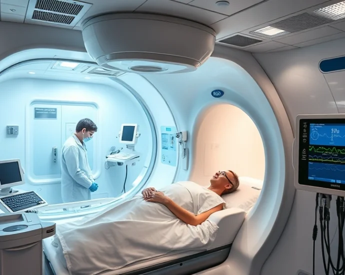 Pressurized hyperbaric chamber interior with medical monitoring equipment, modern clinical setting, oxygen therapy equipment visible, healthcare professional monitoring patient through chamber window, realistic medical facility photography