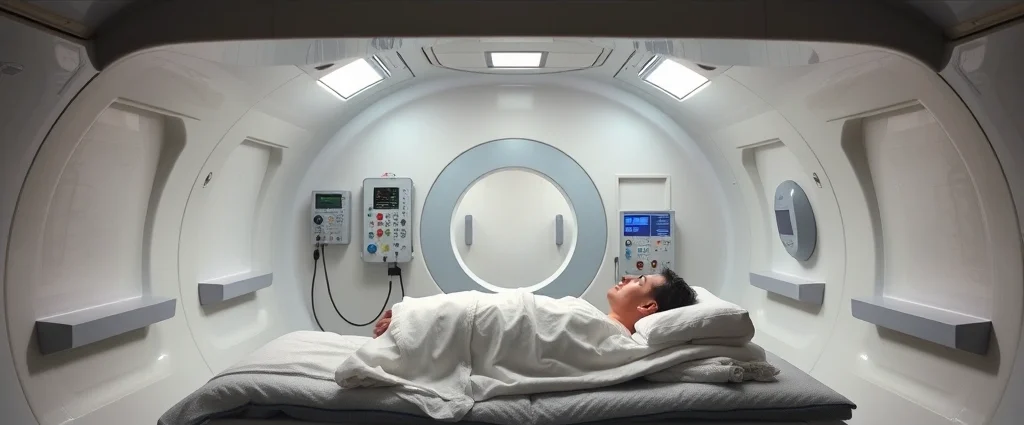 Hyperbaric chamber interior with patient lying down, modern medical facility, clinical setting, bright lighting, sterile environment, oxygen equipment visible