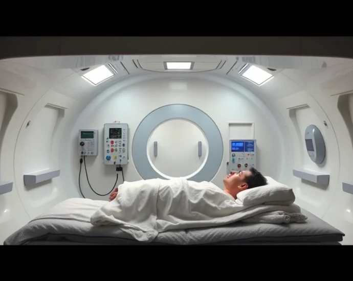 Hyperbaric chamber interior with patient lying down, modern medical facility, clinical setting, bright lighting, sterile environment, oxygen equipment visible