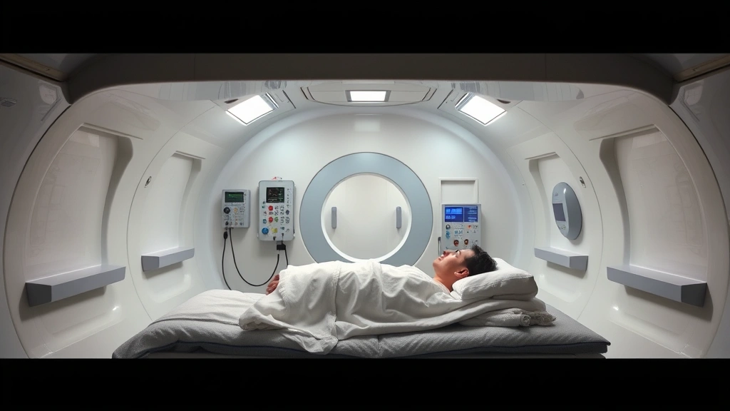 Hyperbaric chamber interior with patient lying down, modern medical facility, clinical setting, bright lighting, sterile environment, oxygen equipment visible