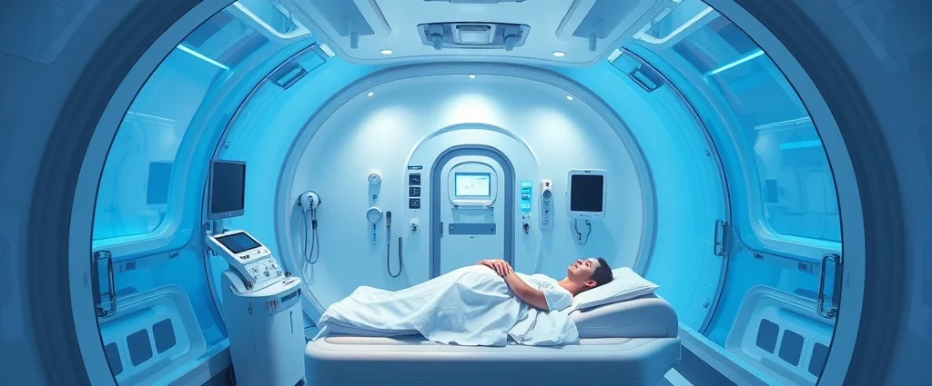 Modern hyperbaric chamber interior with clear acrylic walls and patient lying on comfortable bed, advanced medical equipment visible, clinical yet welcoming environment, soft blue lighting, photorealistic high-resolution medical facility setting