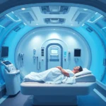 Modern hyperbaric chamber interior with clear acrylic walls and patient lying on comfortable bed, advanced medical equipment visible, clinical yet welcoming environment, soft blue lighting, photorealistic high-resolution medical facility setting